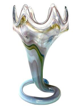 Handblown Art Glass Vase Unique Makeup Brush Pencil Holder Blue MCM Retro